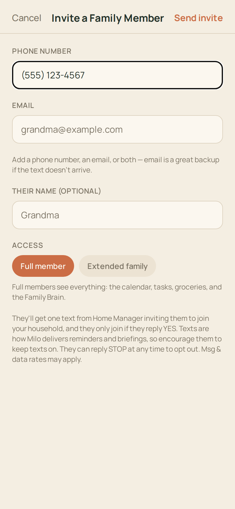 Home Manager household invite form. An SMS disclosure explains that the invitee will receive one text and joins only by replying YES.