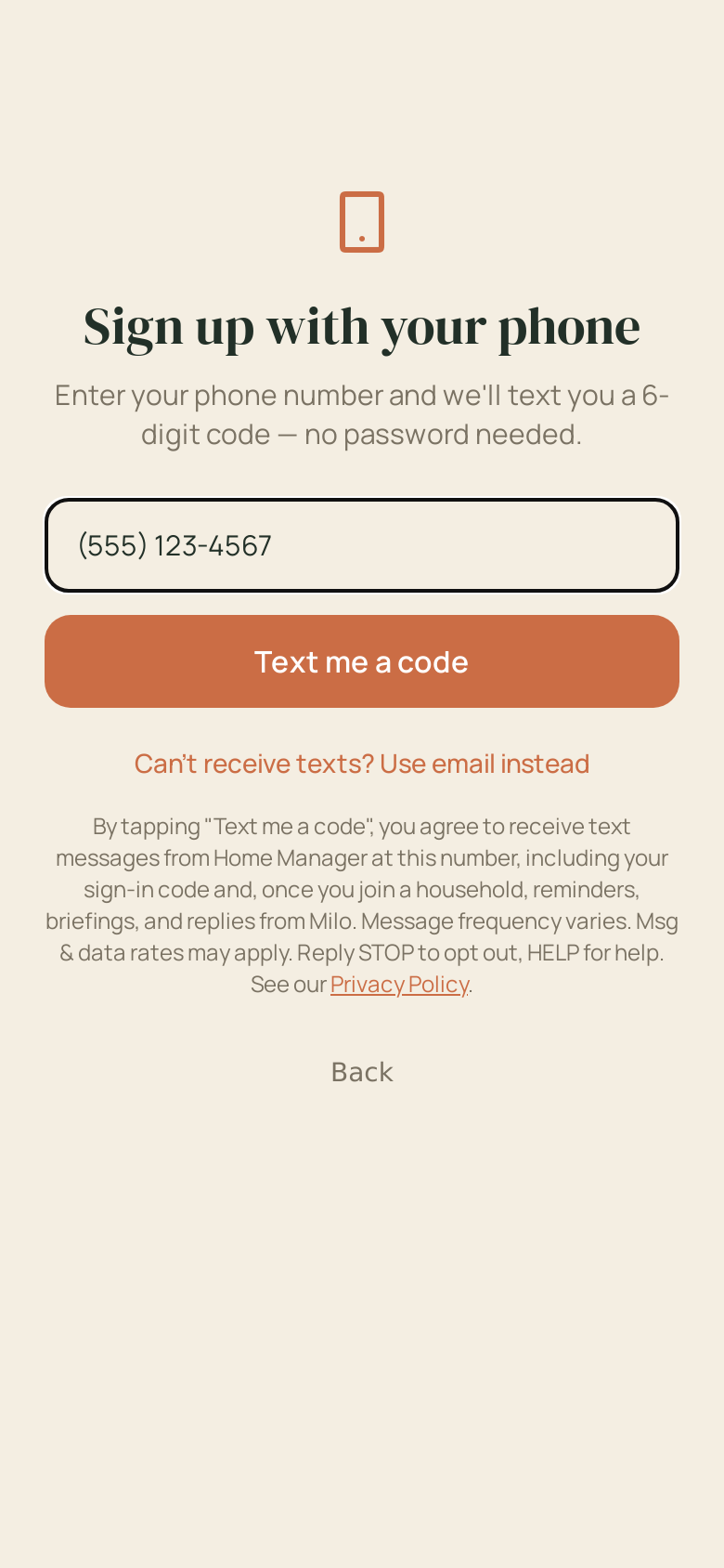 Home Manager phone sign-in screen. SMS consent language is displayed directly beneath the “Text me a code” button.